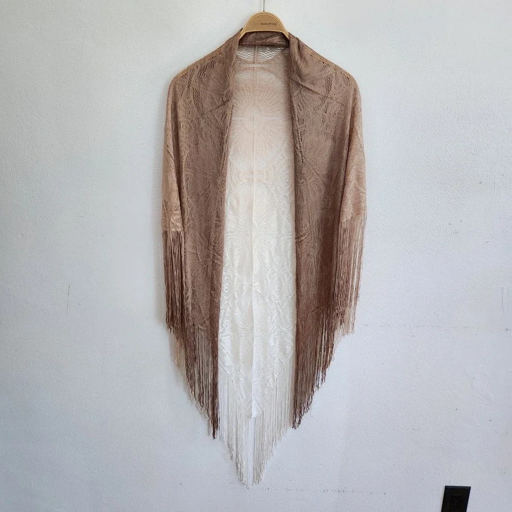 Vintage Floral Lace Fringed Triangle Shawl Brown Ivory Ombre Cowgirl Western